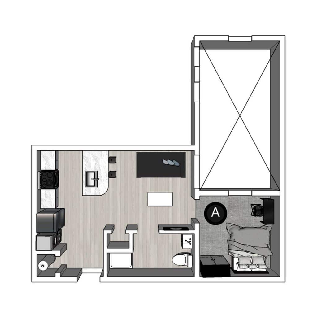 A 3D image of the 1BR/1BA – Lux North floorplan, a 449 squarefoot, 1 bed / 1 bath unit