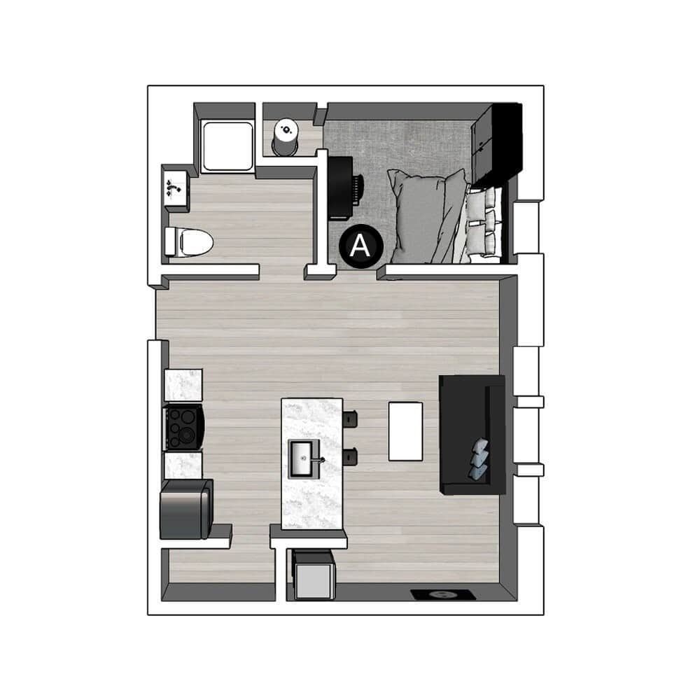 A 3D image of the 1BR/1BA – Lux South floorplan, a 521 squarefoot, 1 bed / 1 bath unit