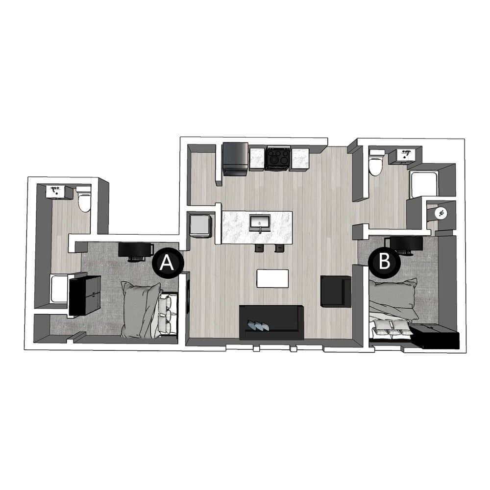 A 3D image of the 2BR/2BA – Lux South floorplan, a 728 squarefoot, 2 bed / 2 bath unit