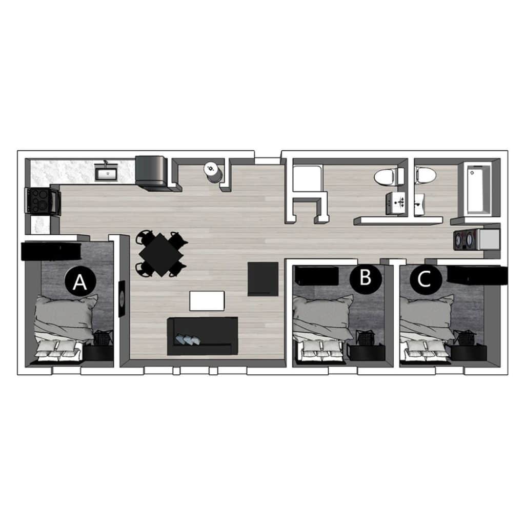 A 3D image of the 3BR/2BA – Lux North floorplan, a 842 squarefoot, 3 bed / 2 bath unit