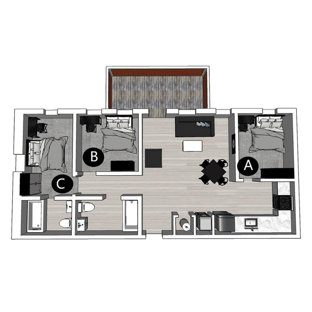 A 3D image of the 3BR/2BA Balcony – Lux South floorplan, a 900 squarefoot, 3 bed / 2 bath unit