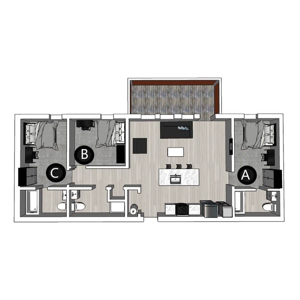 A 3D image of the 3BR/3BA Balcony – Lux South floorplan, a 972 squarefoot, 3 bed / 3 bath unit