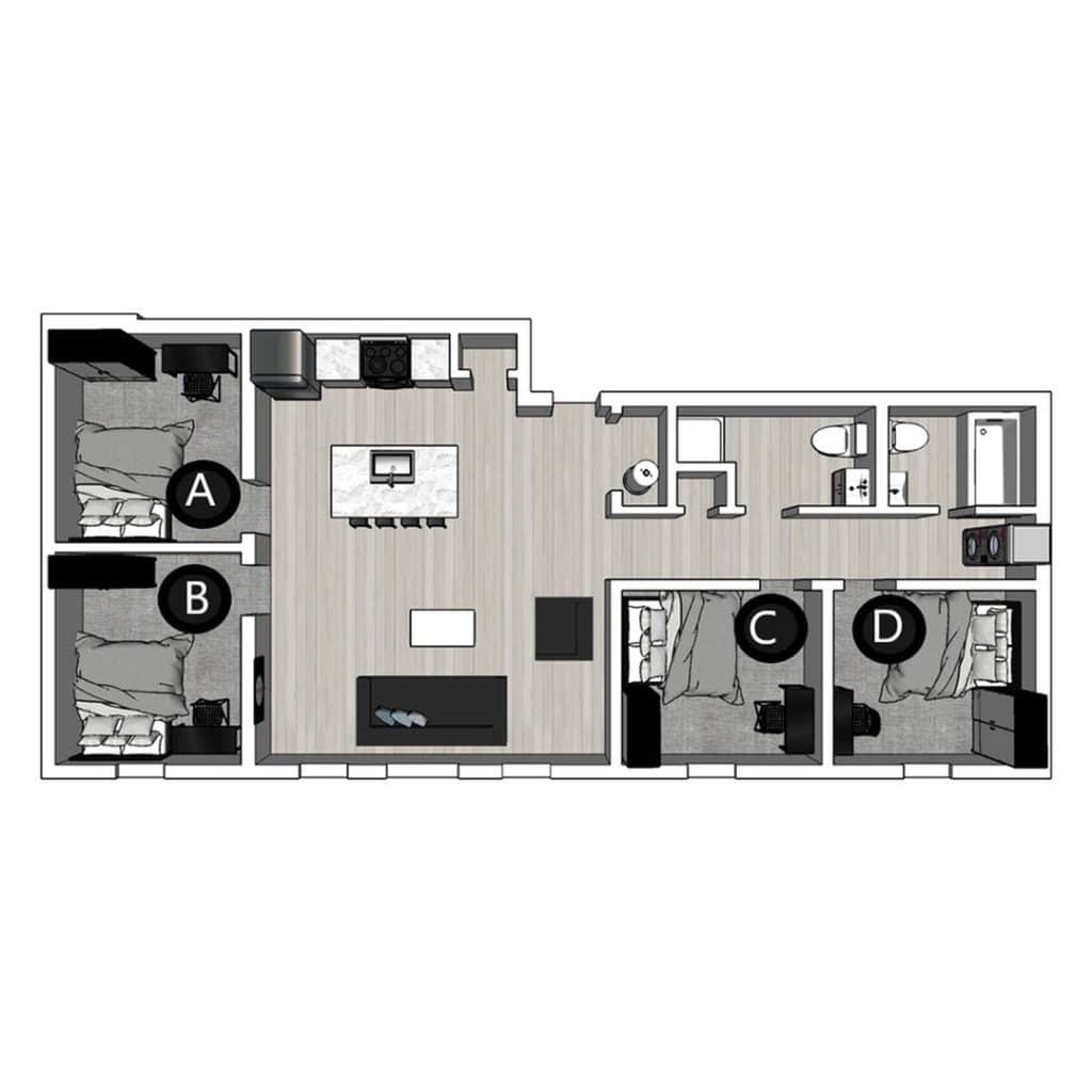 A 3D image of the 4BR/2BA – Lux North floorplan, a 1147 squarefoot, 4 bed / 2 bath unit