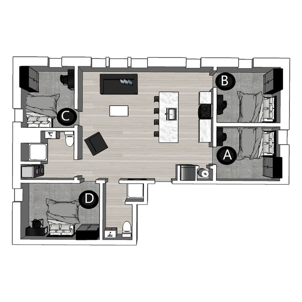 A 3D image of the 4BR/2BA – Lux South floorplan, a 1117 squarefoot, 4 bed / 2 bath unit