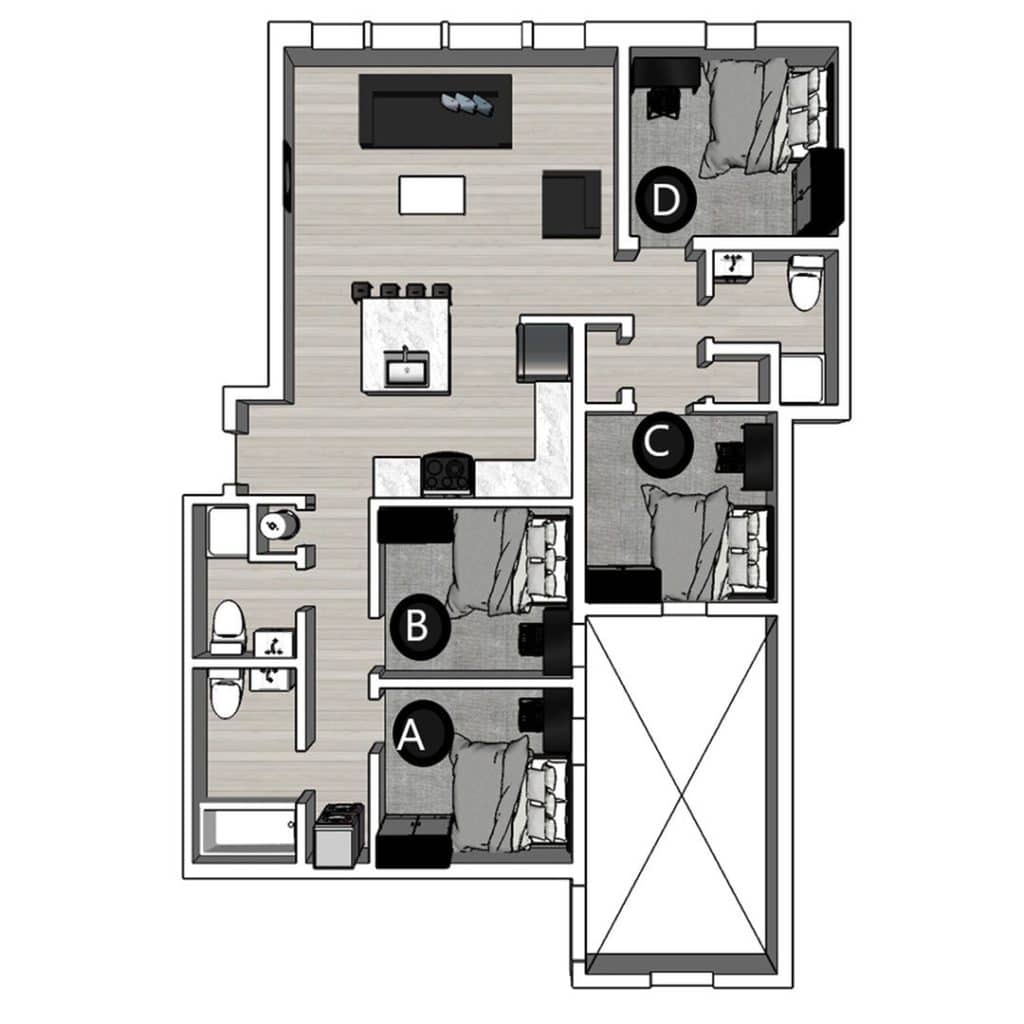 A 3D image of the 4BR/3BA – Lux North floorplan, a 1170 squarefoot, 4 bed / 3 bath unit