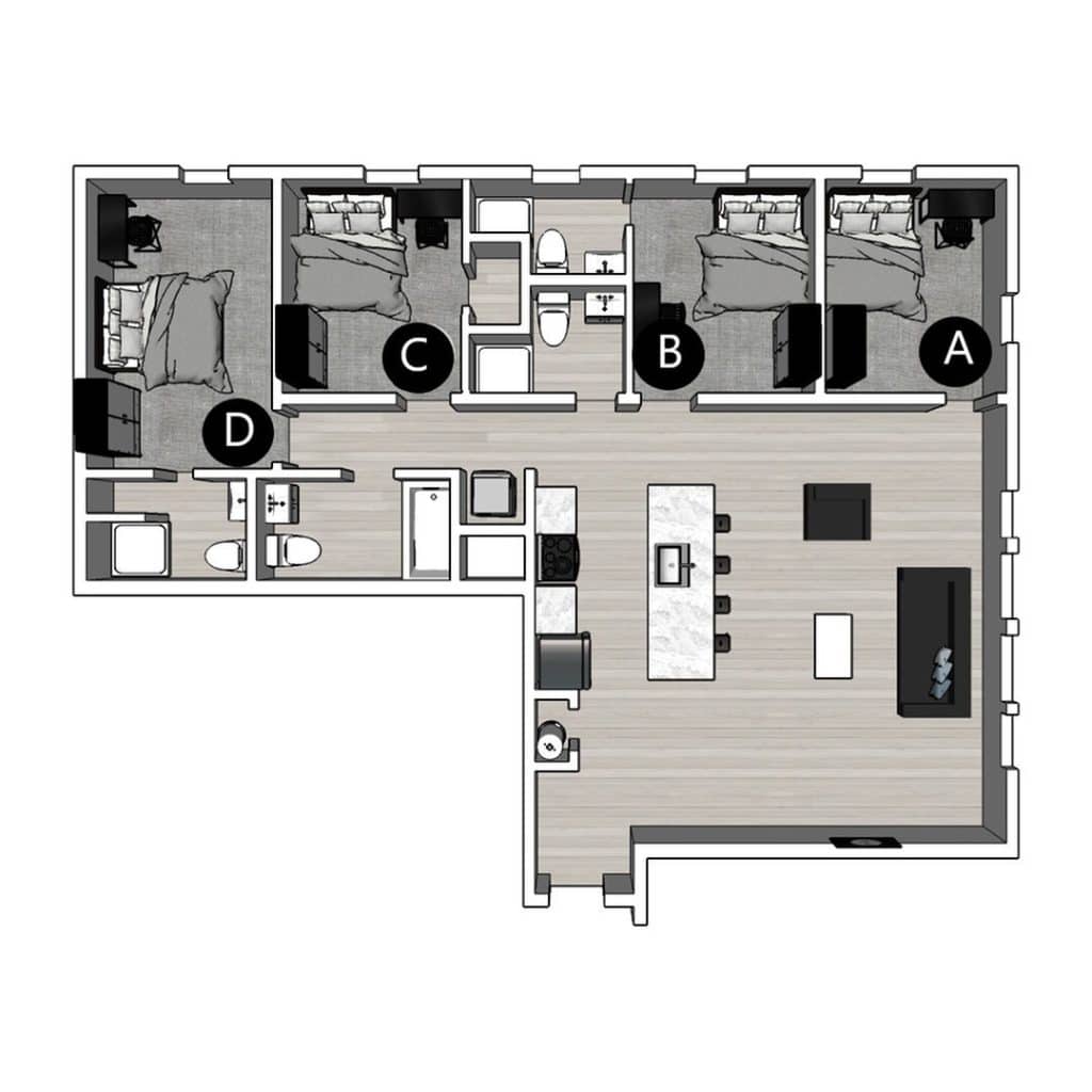 A 3D image of the 4BR/4BA – Lux North floorplan, a 1493 squarefoot, 4 bed / 4 bath unit