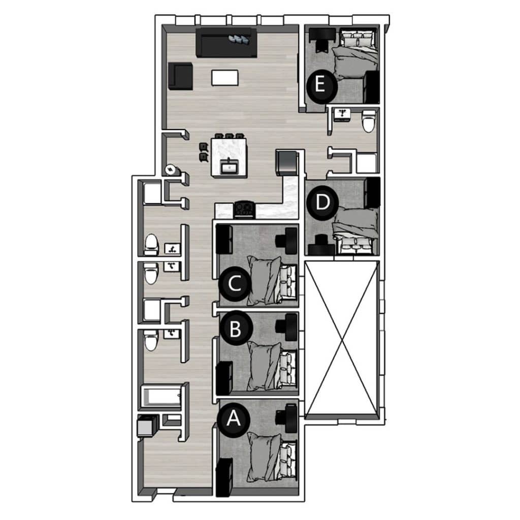 A 3D image of the 5BR/4BA – Lux North floorplan, a 1524 squarefoot, 5 bed / 4 bath unit