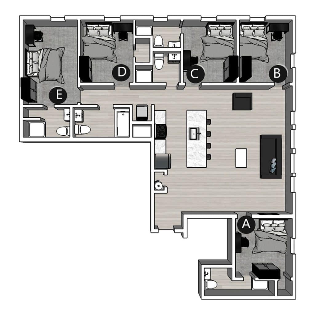 A 3D image of the 5BR/5BA – Lux North floorplan, a 1687 squarefoot, 5 bed / 5 bath unit