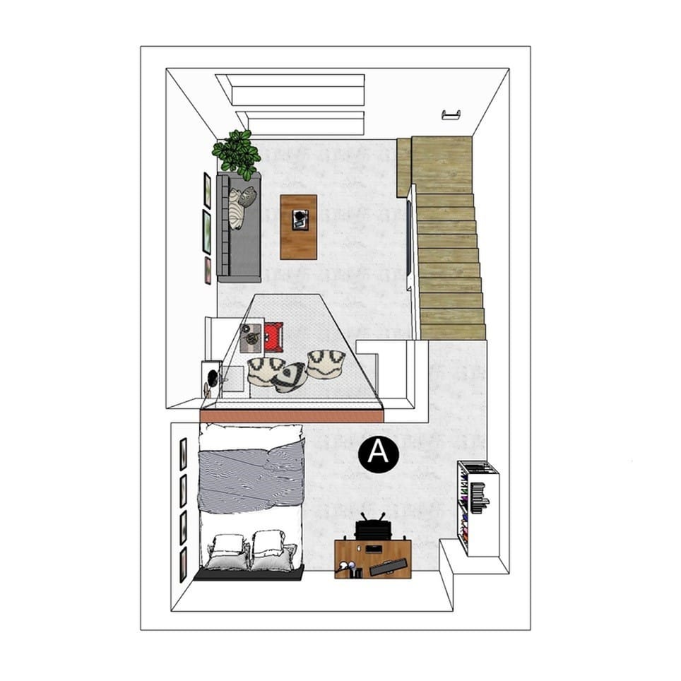 A 3D image of the 1BR/1BA – Lofts floorplan, a 400 squarefoot, 1 bed / 1 bath unit