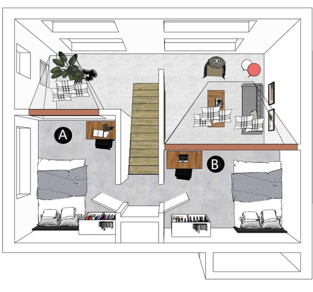 A 3D image of the 2BR/1BA – Lofts floorplan, a 660 squarefoot, 2 bed / 1 bath unit