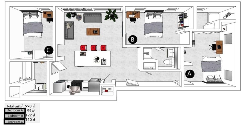 A 3D image of the 3BR/3BA – Lofts floorplan, a 990 squarefoot, 3 bed / 3 bath unit