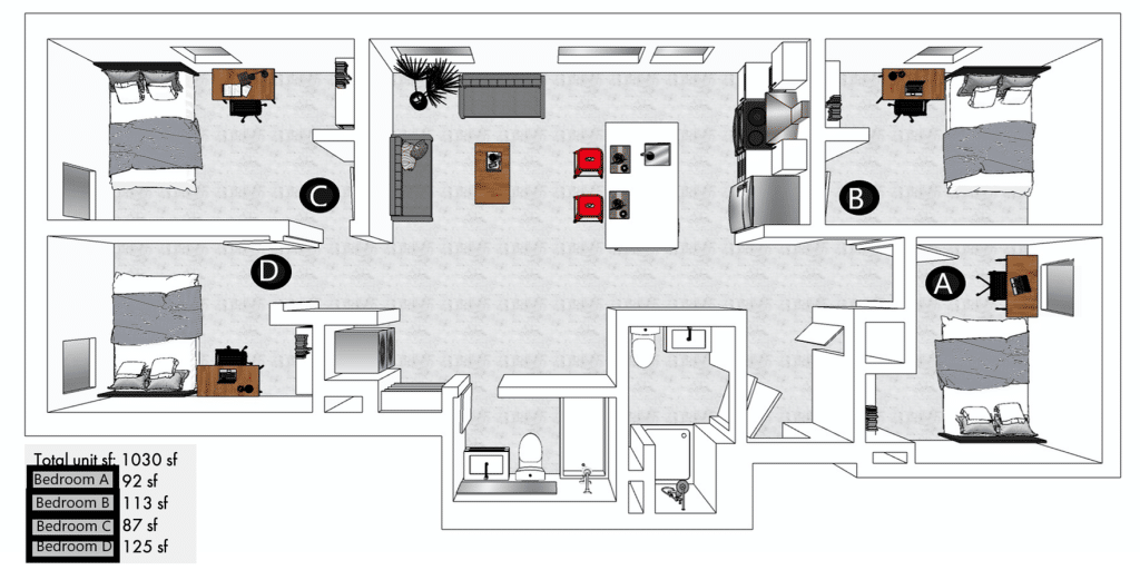 A 3D image of the 4BR/2BA – Lofts floorplan, a 1030 squarefoot, 4 bed / 2 bath unit